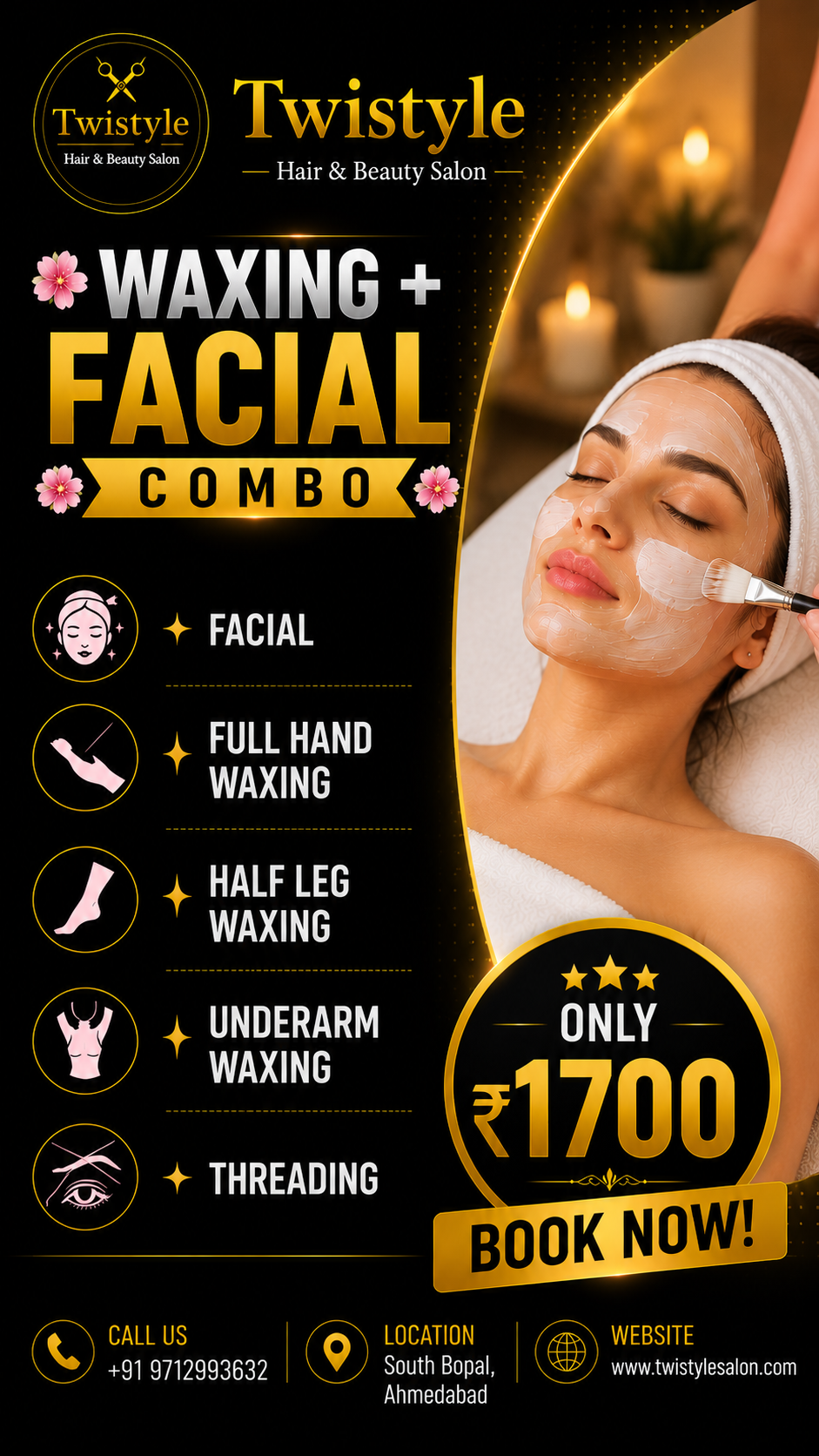 Women's facial, full hand waxing, half leg waxing, underarms waxing and threading combo at Twistyle Salon, South Bopal