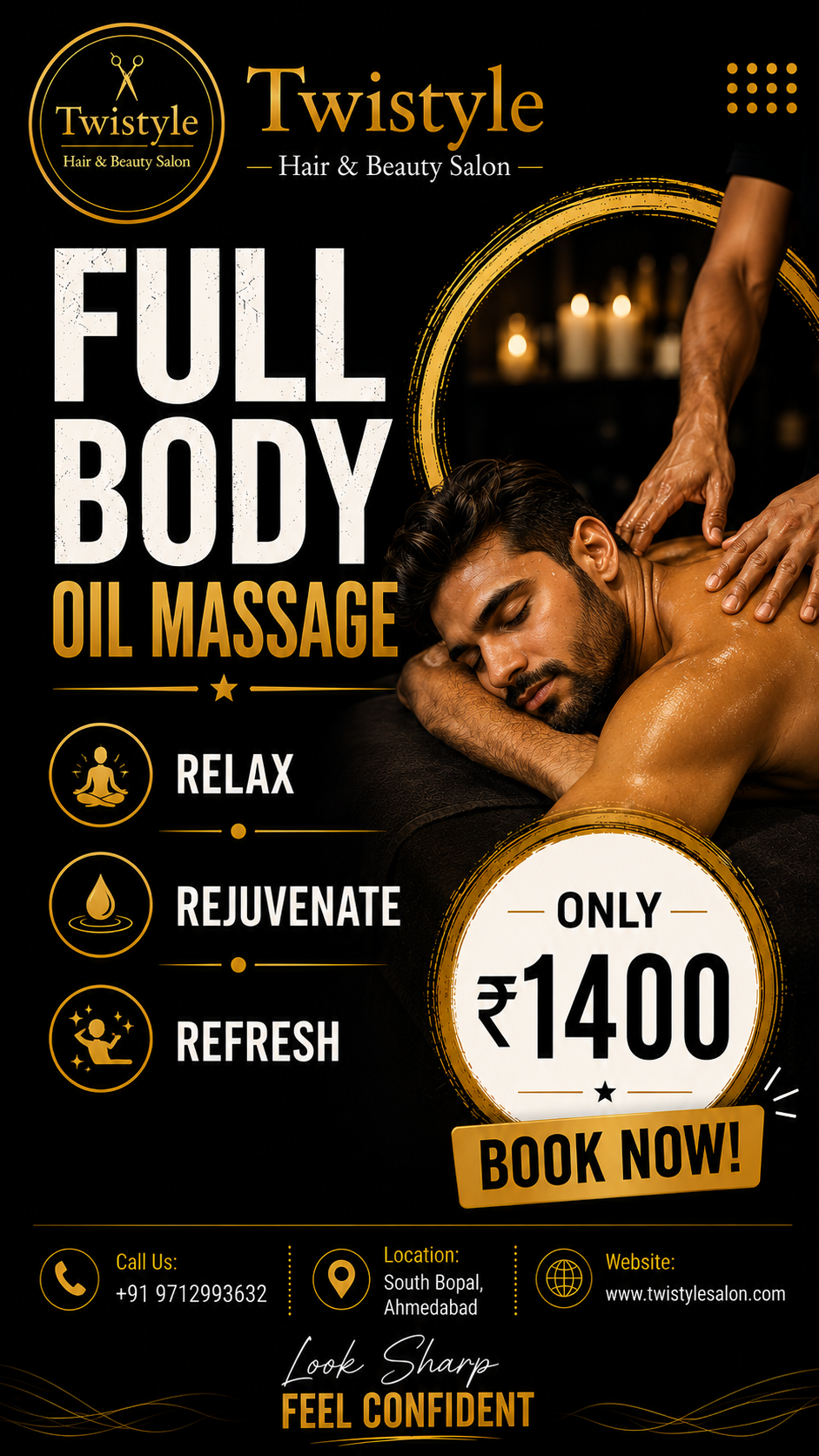 Professional full body oil massage for men at Twistyle Salon, South Bopal, Ahmedabad - ₹1,400