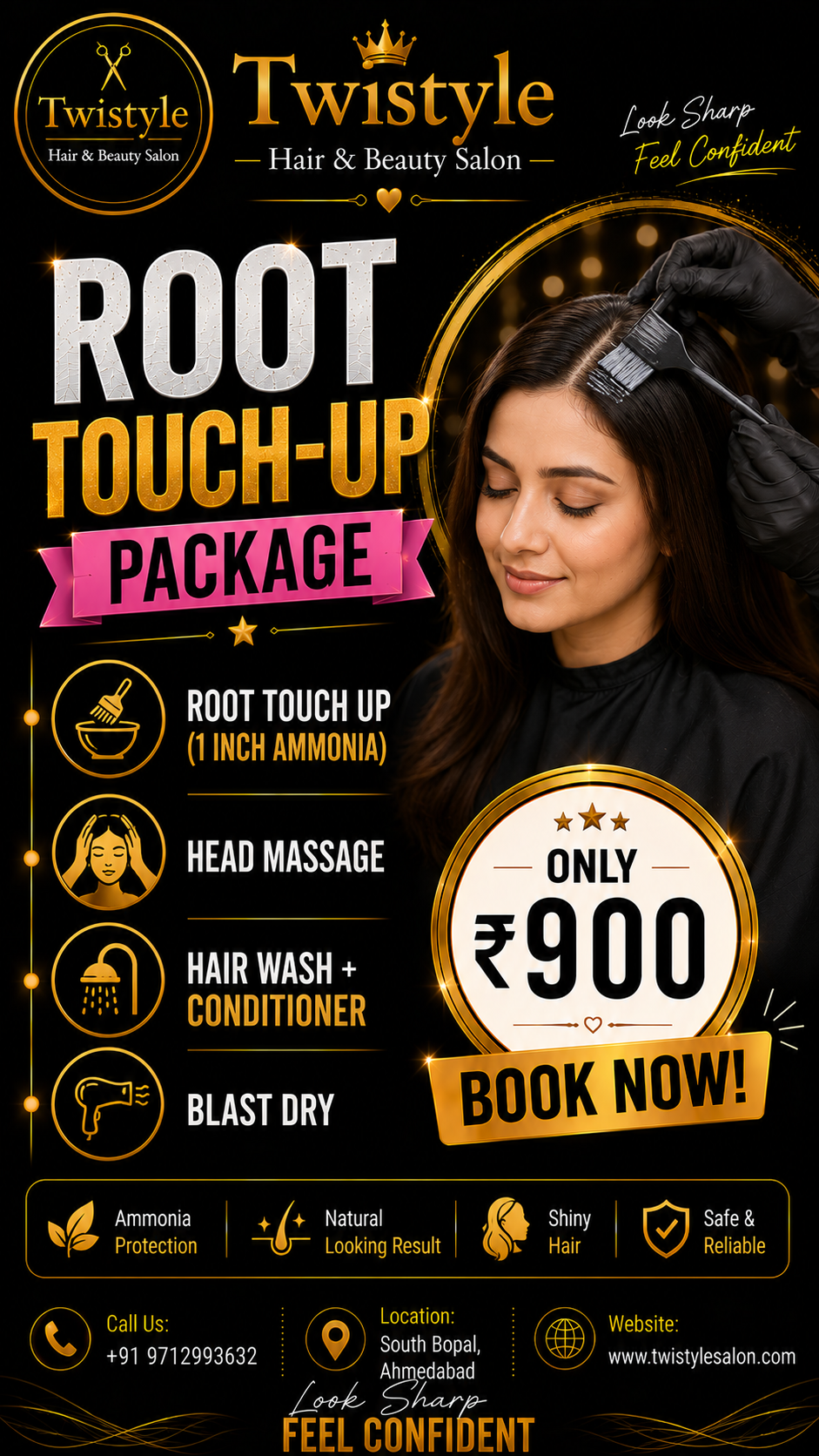 Women's hair colour root touch up with head massage and blast dry at Twistyle Salon, South Bopal, Ahmedabad - ₹900