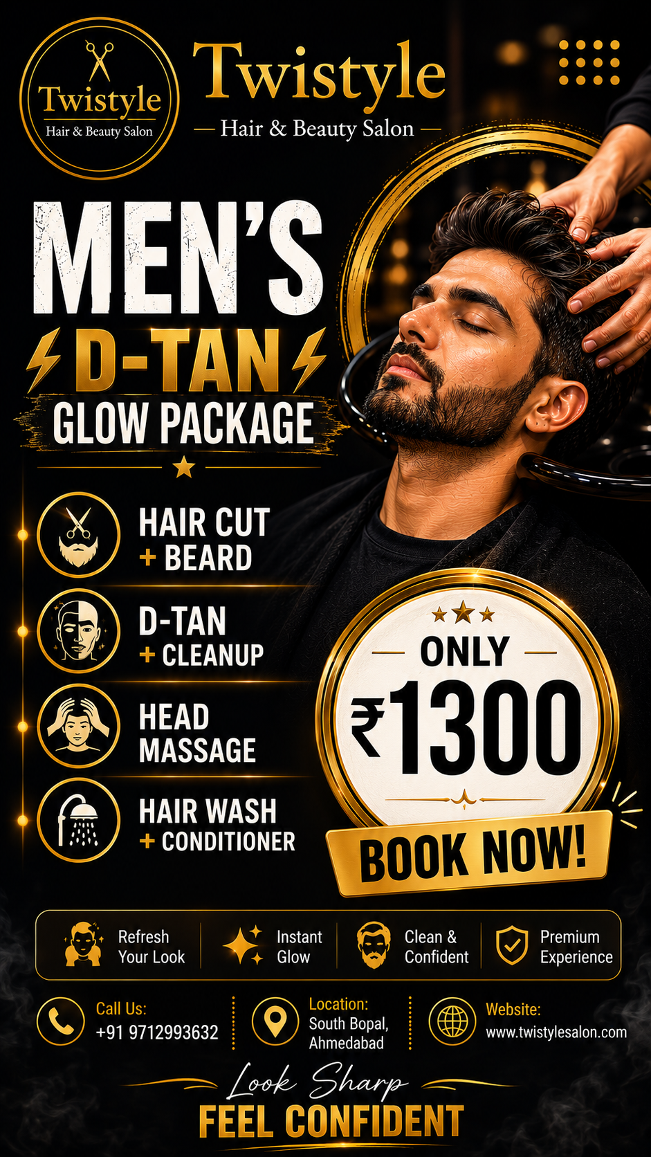Men's grooming and skin combo - D-Tan, cleanup and hard massage at Twistyle Salon, South Bopal, Ahmedabad