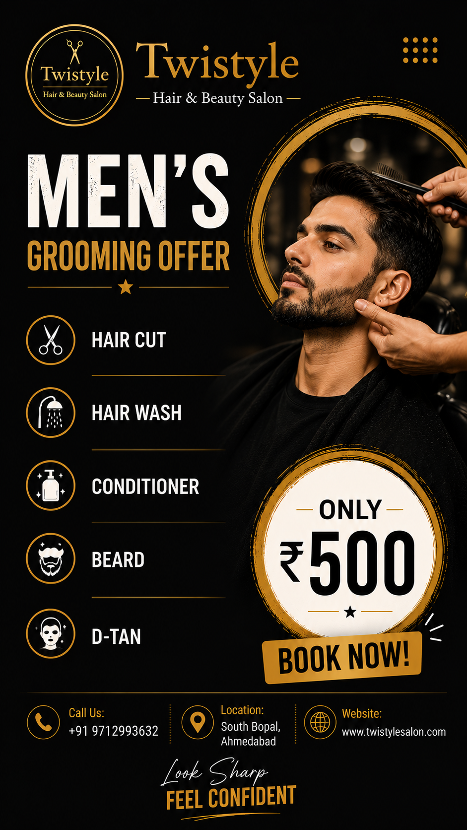 Men's complete grooming combo - haircut, beard trim, hair wash and D-Tan treatment at Twistyle Salon, South Bopal, Ahmedabad