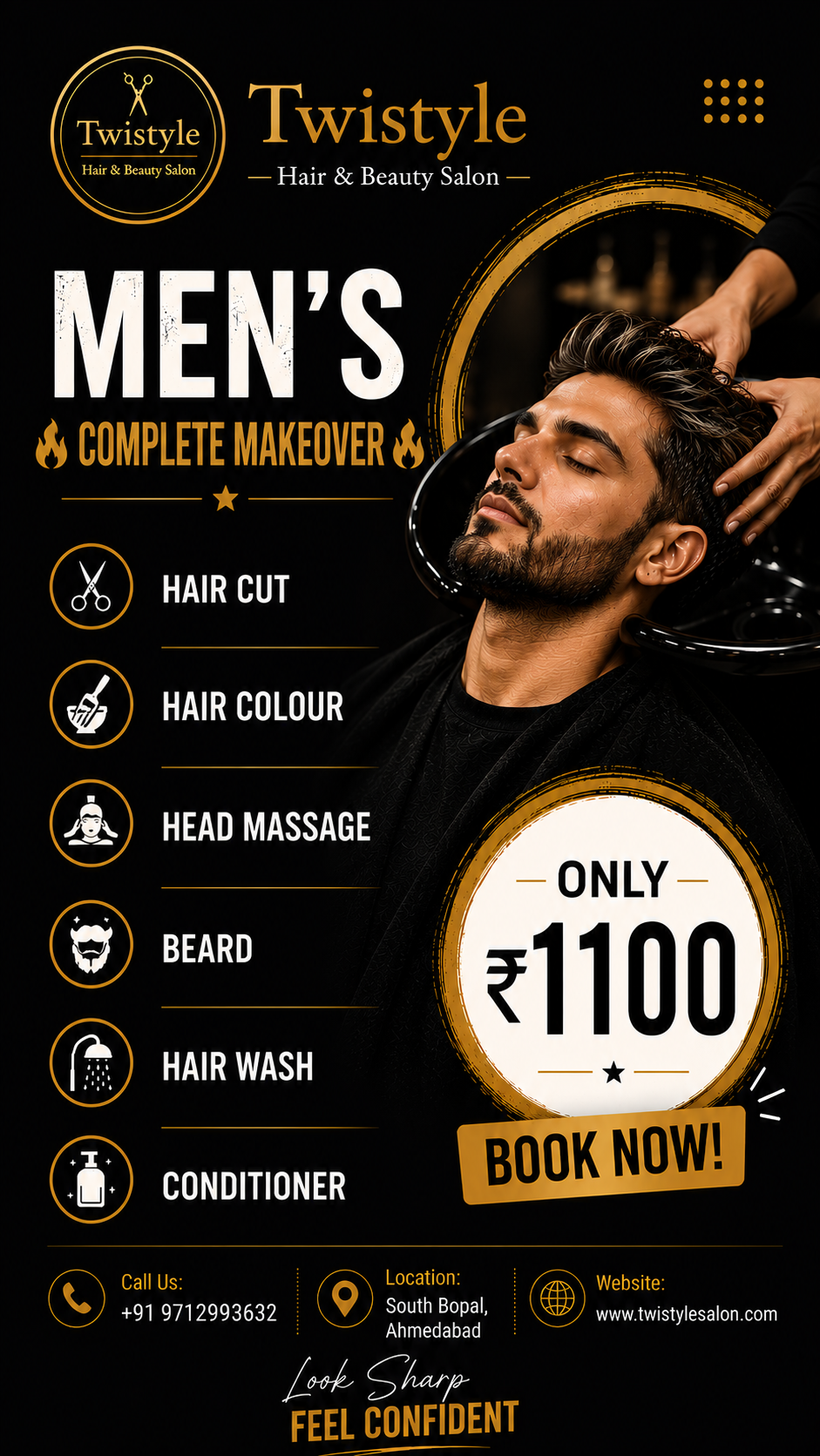 Men's hair colour and grooming combo - haircut, beard, hair colour and head massage at Twistyle Salon, South Bopal