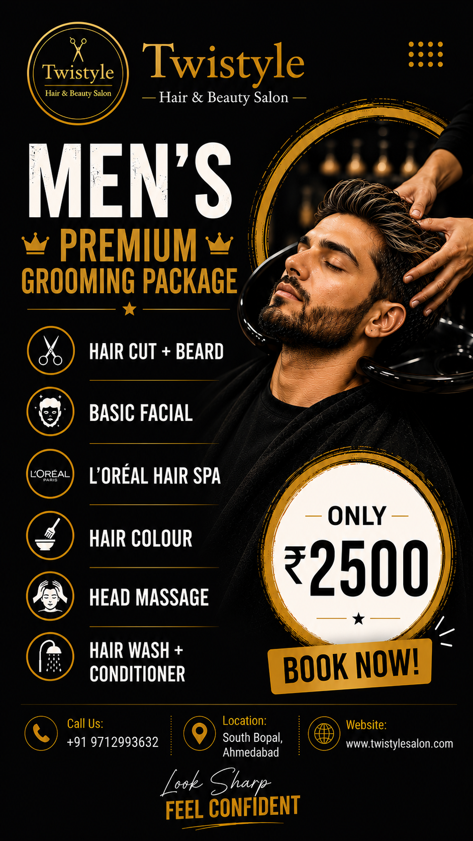 Men's premium luxury grooming - L'Oreal hair spa, facial, hair colour and beard at Twistyle Salon, South Bopal, Ahmedabad