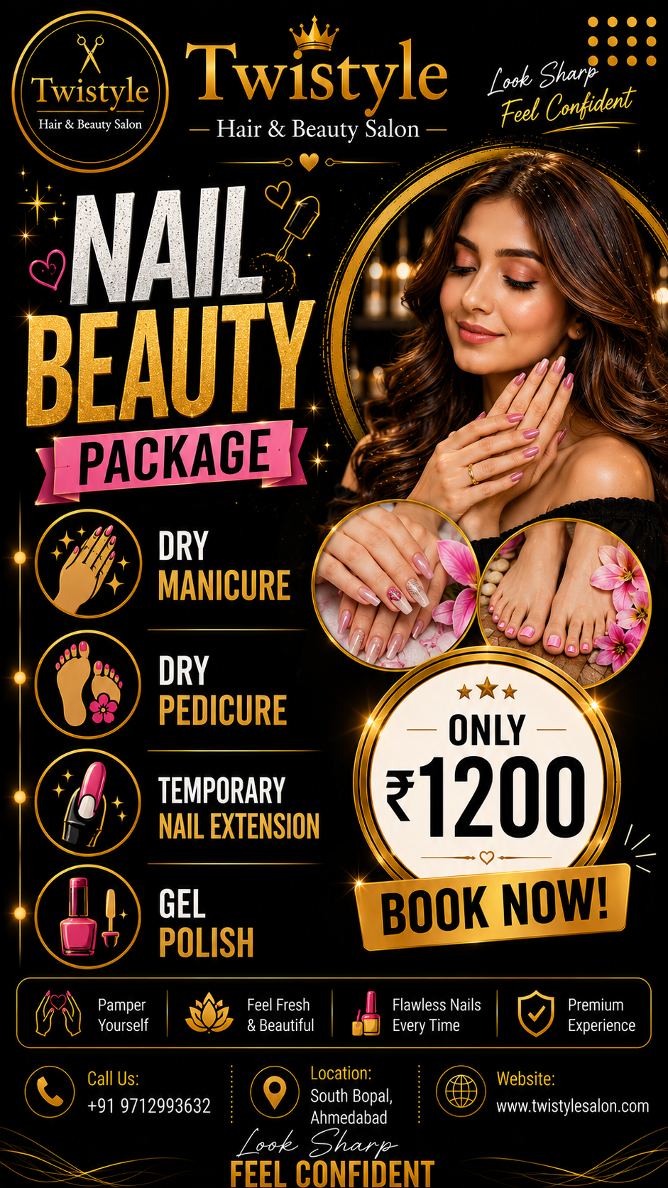 Temporary nail extensions with gel polish, dry manicure and pedicure at Twistyle Salon, South Bopal, Ahmedabad