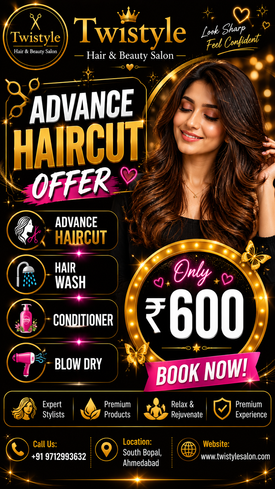 Women's advance haircut with hair wash, conditioning and blow dry at Twistyle Salon, South Bopal, Ahmedabad