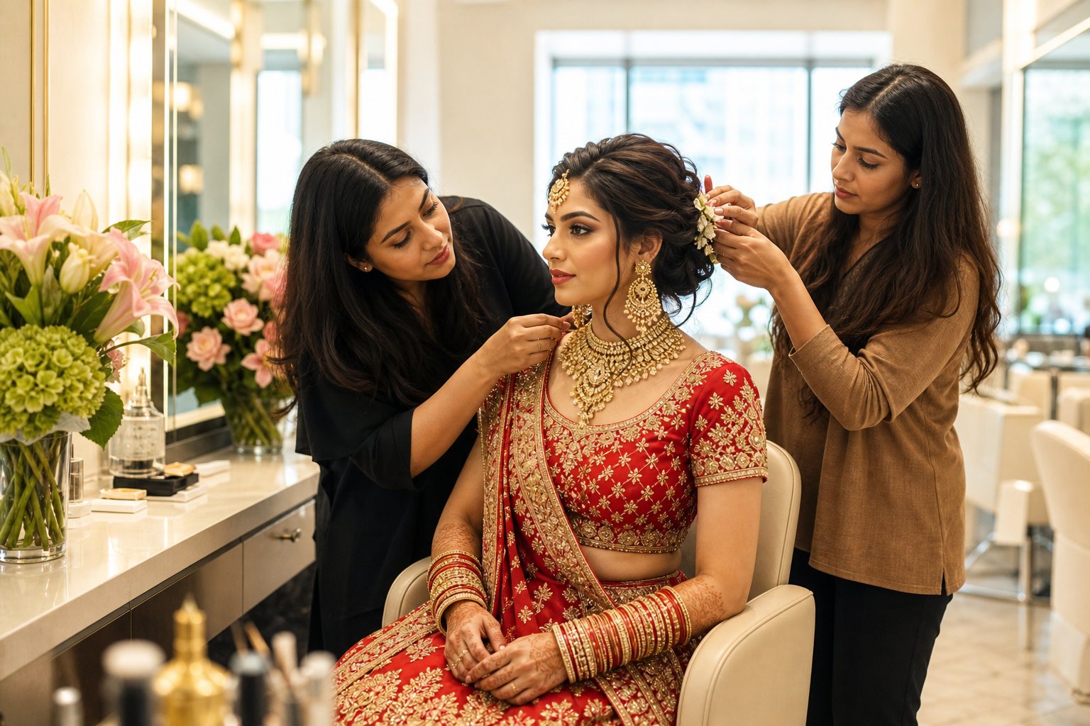 Bride with makeup artist and hairstylist during a bridal package at Twistyle Salon, South Bopal