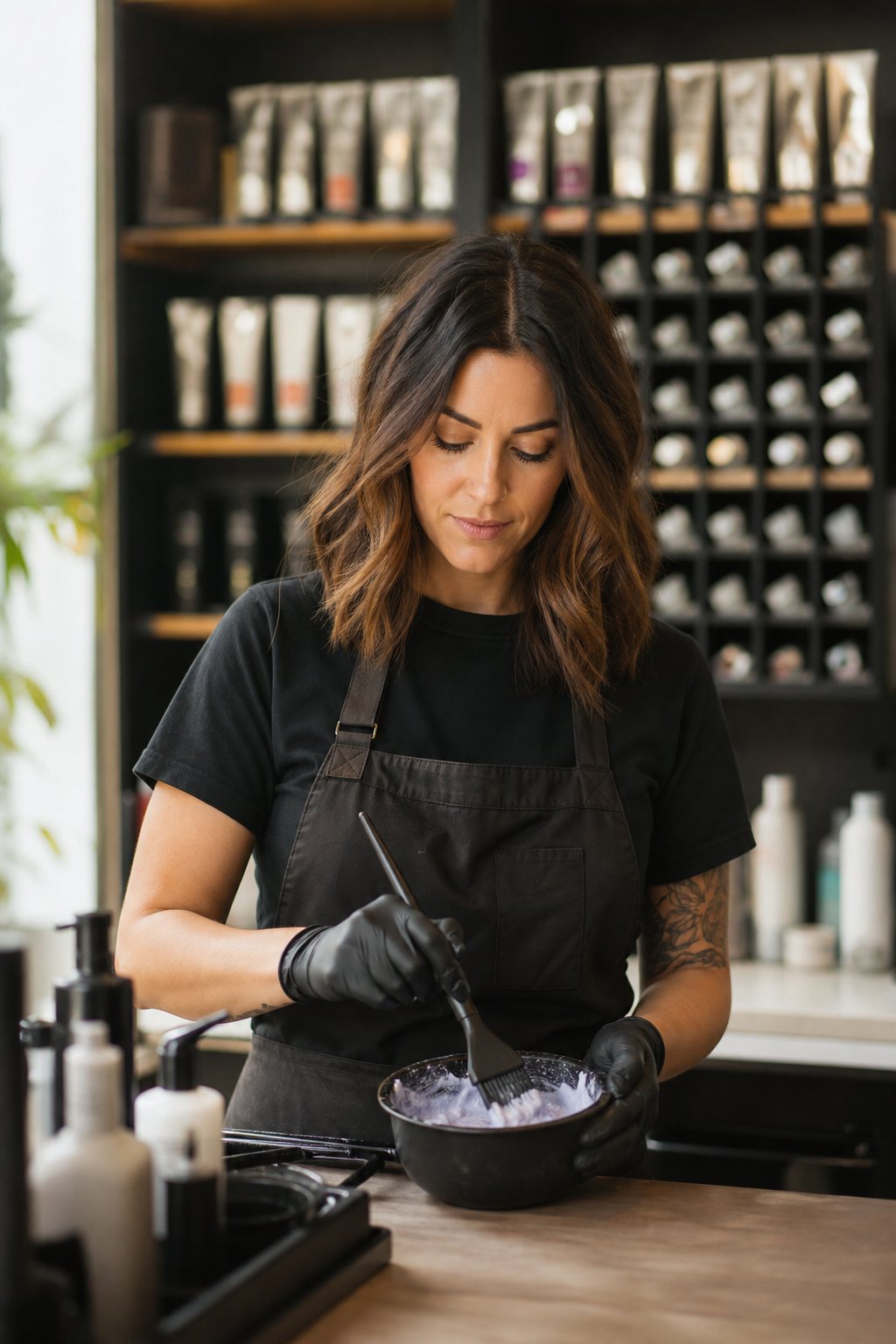 Stylist mixing professional hair colour at Twistyle Salon, South Bopal, Ahmedabad