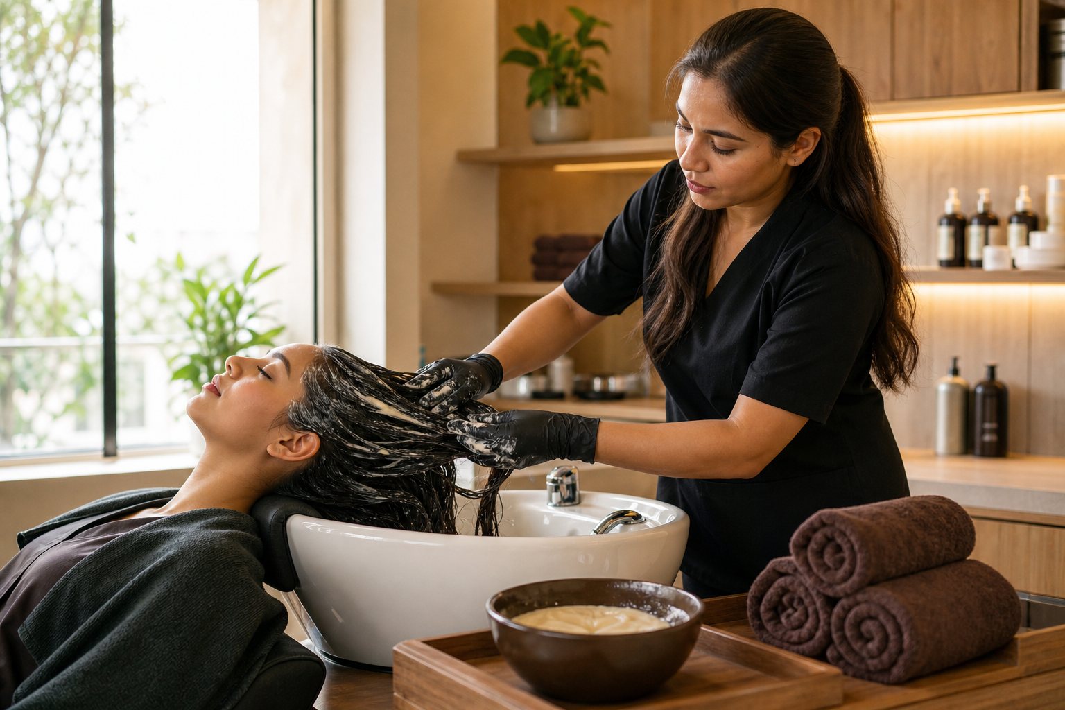 Conditioning hair spa mask applied at Twistyle Salon, South Bopal, Ahmedabad